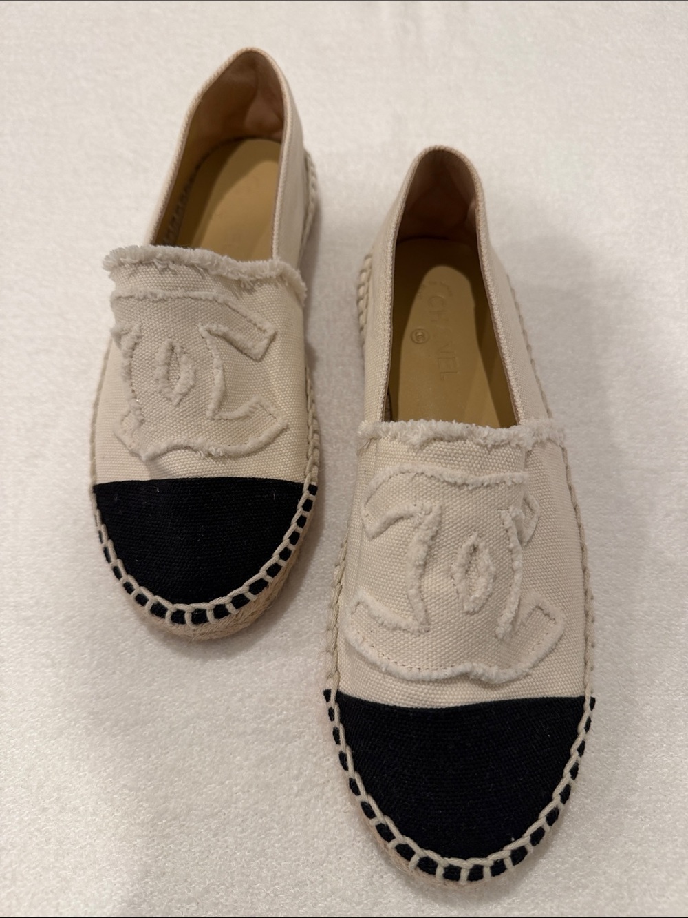 CHANEL Cream Canvas Espadrilles with Black Toe Cap